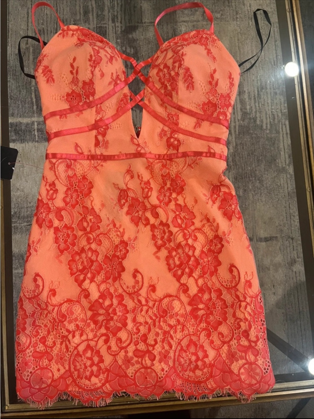 bebe Coral and Red Lace Crisscross Mini Dress - Picture 2 of 8